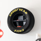 NASCAR tire wall shelf made from real race used Goodyear Eagle tire with built in display shelves.