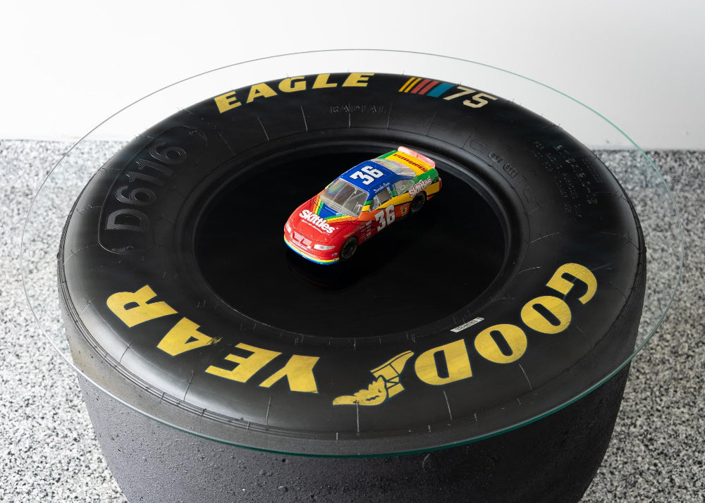 Race used NASCAR tire table built from authentic track driven racing components.