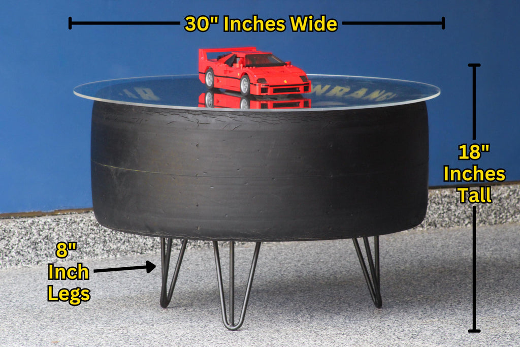 Racing tire table designed as functional furniture for car enthusiasts and collectors.