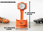 Desk clock built from authentic Chevy piston with clean sandblasted finish and clear time display.