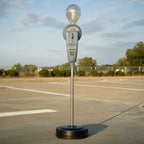 Vintage parking meter floor lamp made from real street meter with functional lighting.